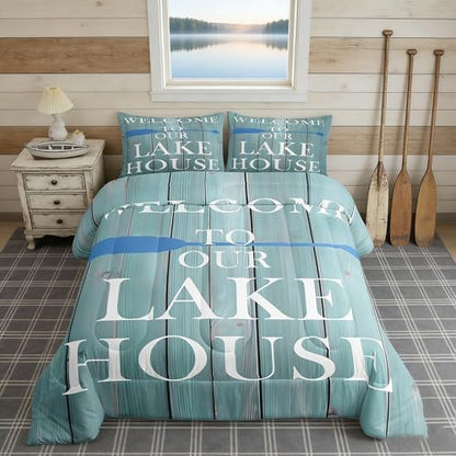 Lake House Comforter Set Full Size, Rustic Cabin Farmhouse Style Bedding Set 3pcs, Retro Wooden Plank Lake Theme Down Comforter for All Season, Kids Boys Girls Room Decor, 2 Pillowcases, No Sheets