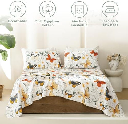 QSH Green Floral Egyptian Cotton Sheets King Size,Rosemary Flowers Butterfly Botanical Pattern Printed Bed Sheet King Aesthetic Extra Soft and Breathable 17.5" Deep Pockets King Bedding Sheets 4PCs