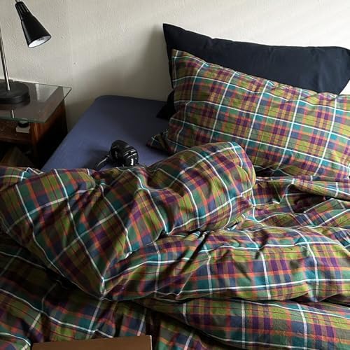 mixinni Buffalo Plaid Duvet Cover Queen Size - 100% Washed Cotton 3-Piece Bedding Set for All Seasons, Retro Grid Design, Soft Breathable Comforter Cover with Zipper Ties for Men, Women-Queen Size
