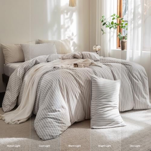 FOSSA Striped Duvet Cover Set 100% Washed Cotton Linen Feel Queen