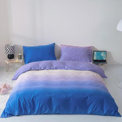 CLOTHKNOW Blue Purple Full Size Comforter Set Blue Gradient Bedding Comforter Sets Soft Blue White Comforter with 2 x Pillow Cases