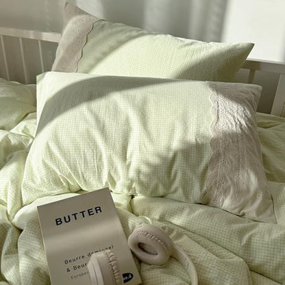mixinni Green White Gingham Duvet Cover Twin XL Size - 3 Piece Cottagecore Plaid Bedding Set with Lace Trim, Soft Washed Microfiber Vintage Aesthetic Grid Comforter Cover & Pillow Shams