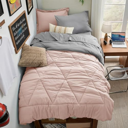 BEDELITE Twin XL Comforter Set 5 Pieces, Reversible Dusty Pink Bed in A Bag