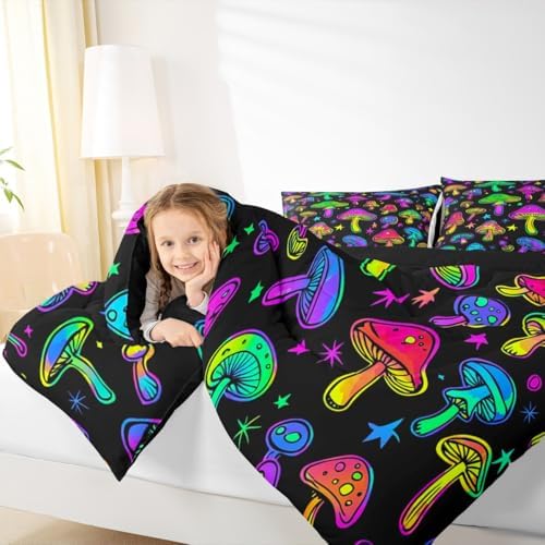 Boys Cute Mushroom Bedding Sets Full Size,Teen Girls Purple Black Hippie Mushrooms Comforter Set Kids Colorful Stars Botanical Bed Comforter Set Wild Plant Bedding Quilt Teal 2 Pillow Cases