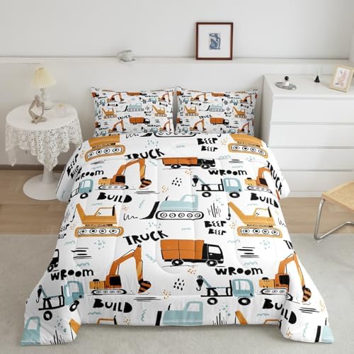 Feelyou Kids Cartoon Excavator Bedding Set Boys Vehicles Truck Car Comforter Child Cute Building Equipment Comforter Set Funny Construction Transport Duvet Set Colorful Room Decor Queen Size Boys