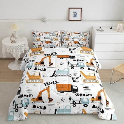 Feelyou Kids Cartoon Excavator Bedding Set Boys Vehicles Truck Car Comforter Child Cute Building Equipment Comforter Set Funny Construction Transport Duvet Set Colorful Room Decor Queen Size Boys