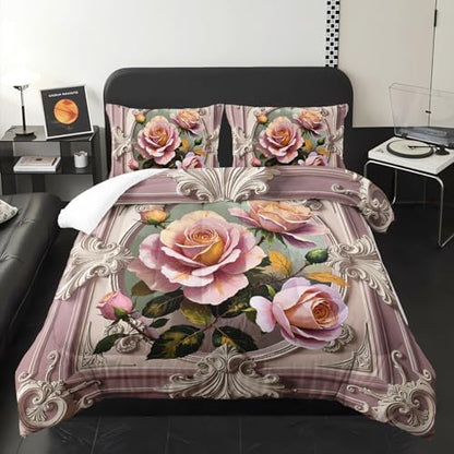 Pink and White Flower Full Size Comforter Set，Flower Bed Bedding for Kids Full Size