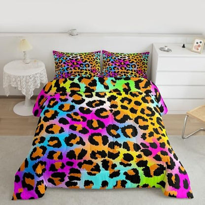 Leopard Print Comforter Set for Girls Kids Women Neon Rainbow Leopard Fur Bedding Set Mottled Exotic Panthera Skin Comforter Room Decor Colorful Camouflage Safari Theme Duvet Set King Size Quilt Set