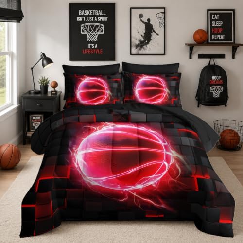 HOSIMA Teen 7Pcs Basketball Twin Comforter Set with Sheets Sports Bedding.