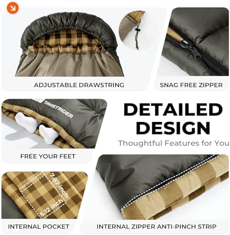 Cotton Flannel XXL Winter Sleeping Bags for Adults Big and Tall,Cold Weather 90x39 Inch Camping Sleep Bag,Waterproof Machine Washable 4 Season Outdoor Camping Gear,2-Way Zipper