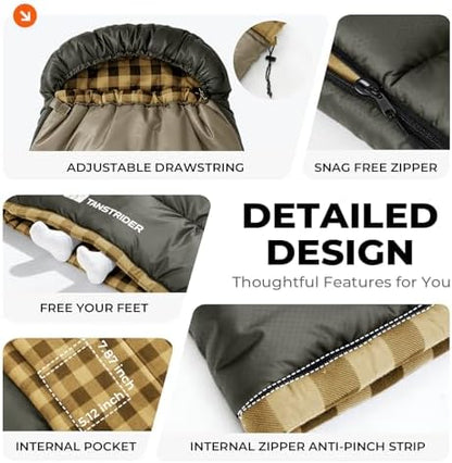 Cotton Flannel XXL Winter Sleeping Bags for Adults Big and Tall,Cold Weather 90x39 Inch Camping Sleep Bag,Waterproof Machine Washable 4 Season Outdoor Camping Gear,2-Way Zipper