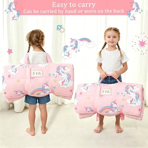 Toddler Nap Mat for Preschool 50''x30'' Sleeping Mat with Removable Pillow and Minky Blanket for Kids Ages 3-7 Roll Up Soft Sleeping Bag for Boys Girls Kindergarten Daycare Sleepover