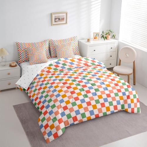 jejeloiu Orange Blue Green Bedding Set 7Pcs Full Size Kids Plaid Checkered Comforter Set with Sheets for Boys Girls Classic Grid Buffalo Check Bed in a Bag Soft Lightweight,Microfiber