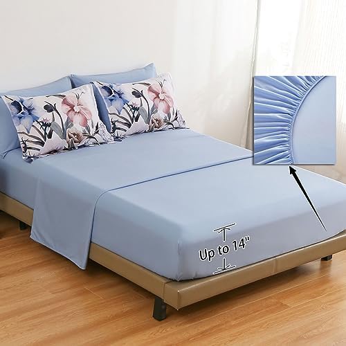 Luxudecor Floral Comforter Set King Size 7 Piece, Blue Flower Bed in a Bag, Elegant Floral Comforter with Sheet Set, Soft Microfiber Bedding Set for All Season (Blue, 104"x90")