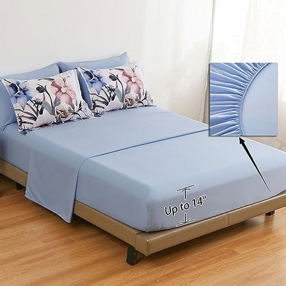 Luxudecor Floral Comforter Set King Size 7 Piece, Blue Flower Bed in a Bag, Elegant Floral Comforter with Sheet Set, Soft Microfiber Bedding Set for All Season (Blue, 104"x90")