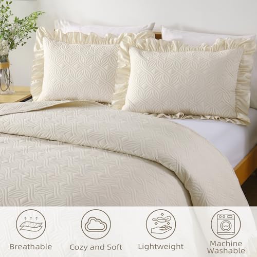 DJY Queen Size Quilt Sets, Beige Soft Bed Summer Quilt, Ruffled Bedding Set