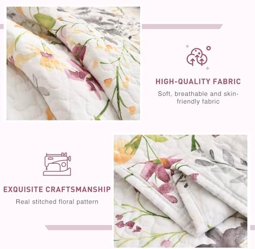 Lady Ann Wild Floral Printed Bed King Quilt Set 100% Cotton Yellow Flower Botanical Pattern Bedding, Vintage Lightweight Coverlet Ultra Soft Bedspread Set with Pillow Shams for All Season, 3 PCS