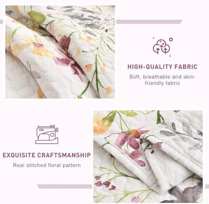 Lady Ann Wild Floral Printed Bed King Quilt Set 100% Cotton Yellow Flower Botanical Pattern Bedding, Vintage Lightweight Coverlet Ultra Soft Bedspread Set with Pillow Shams for All Season, 3 PCS