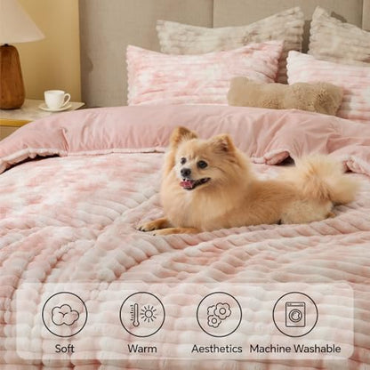BEDELITE Fleece Twin/Twin XL Comforter Set, Fluffy Bed Set, Pink&White