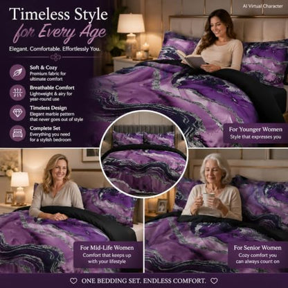 CCoutueChen Black Purple Marble Comforter Set Full Size, Modern Style