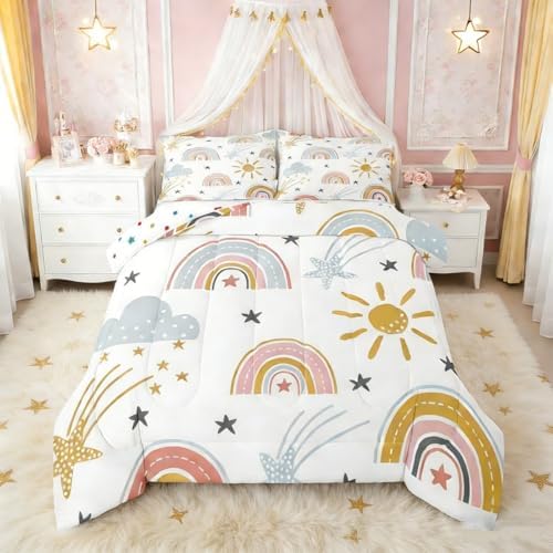 Erosebridal Girls Rainbow Bedding Set, Sun and Stars Comforter Set Queen for Kids Boys Children Cartoon Cloud Bedding Comforters Girly Soft Microfiber Machine Washable Duvet Insert for Bedroom Decor