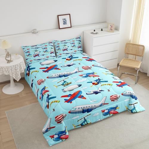 Kids Aircraft Comforter Set Boys Cartoon Airplane Print Comforter Helicopter Flying Plane Bedding Set for Children Girls Travel Decor Duvet Set Cute Colorful Planes Room Decor Queen Size Quilt Set