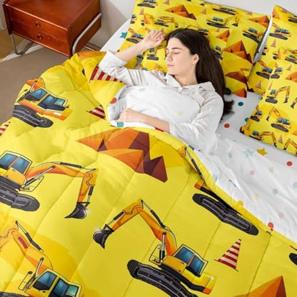 Erosebridal Boys Construction King Comforter Set with Sheets, Excavator Bed in A Bag for Kids Men Boys Room Decor, Yellow Vehicle 7-Piece Bedding Set, Equipment Trucks Bed Sets, Lightweight