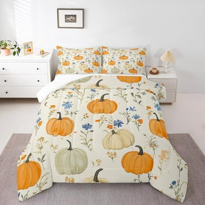 Homewish Pumpkin Pattern Bedding Set Botanical Flowers Comforter Set for Kids Boys Autumn Farmhouse Comforter Yellow Beige Quilt Set 1 Comforter Set with 1 Pillowcase Toddler Size