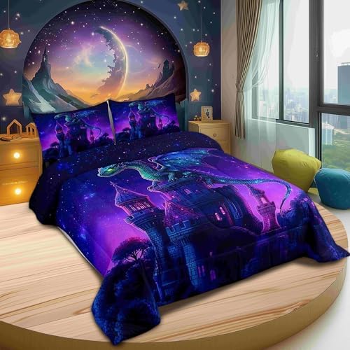 Fierce Wild Animals Bed Comforter Set Queen Size,Western Dragon Super Soft Microfiber Bedding Set for Girls Boys,Castle Mysterious Magical Theme Decorative Quilter Set