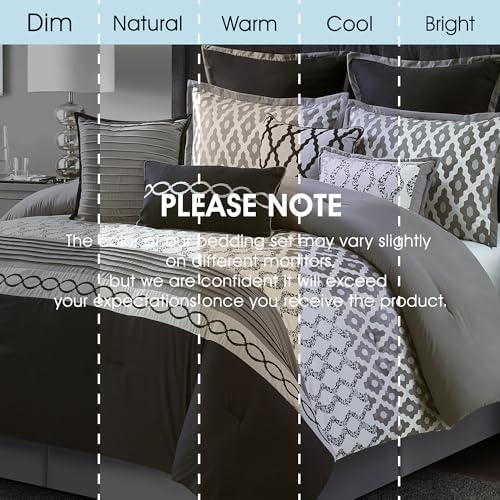 LANCO MODERN LIFESTYLE King Size Comforter Set, Black, 10 Piece Bed in a Bag for All Seasons, Luxury Extreme Comfort Bedding Sets with Bedskirt, Pillow Shams, Euro Shams and Decor Pillows