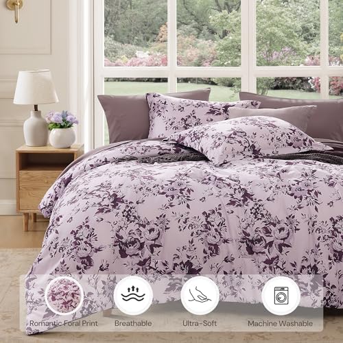 BLOOMHAVEN King Size Comforter Set-7 Pieces Purple Floral Bed in a Bag King