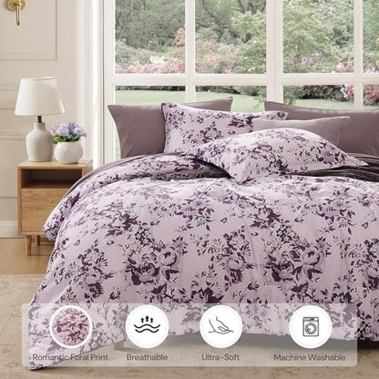 BLOOMHAVEN King Size Comforter Set-7 Pieces Purple Floral Bed in a Bag King
