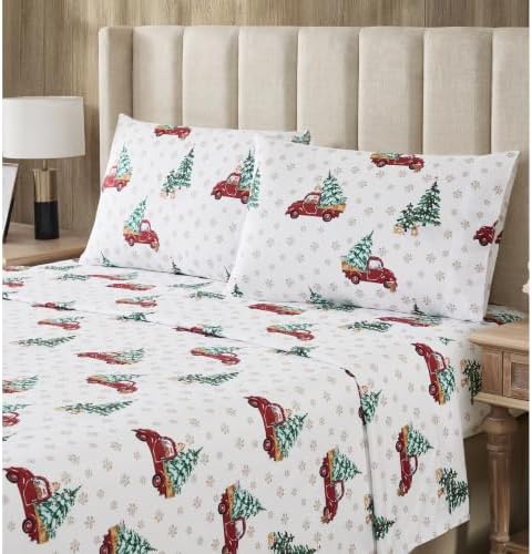Sweet Home Collection Flannel Christmas Sheet Set, Trucks & Dogs Full, Deep Pocket Soft Brushed Microfiber Holiday Bedding with Fitted Sheet, Flat Sheet & Pillowcase(s)