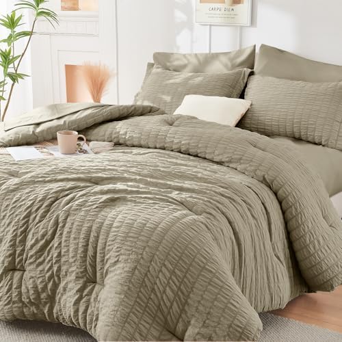 HYMOKEGE Linen Full Size Comforter Sets Seersucker 7 Pieces, All Season Luxury Bed in a Bag for Bedroom, Bedding Set with Comforter, Sheets, Pillowcases & Shams