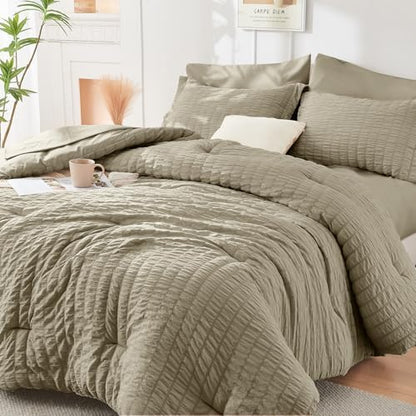 HYMOKEGE Linen Oversized King Comforter Set Seersucker 7 Pieces, All Season Luxury Bed in a Bag for Bedroom, Bedding Set with Comforter, Sheets, Pillowcases & Shams