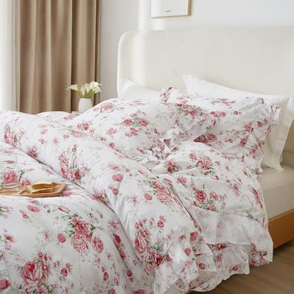 VM VOUGEMARKET Ruffle Duvet Cover Set Twin 3 Pieces Red Rose Flower