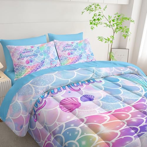 7Pcs Comforter Set Rainbow Mermaid Tail Printed Bedding Set with 1 Comforter, 1 Flat Sheet, 1 Fitted Sheet and 4 Pillowcases for Girls Bedroom All Season(Mermaid-3 Queen)