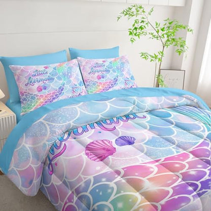 7Pcs Comforter Set Rainbow Mermaid Tail Printed Bedding Set with 1 Comforter, 1 Flat Sheet, 1 Fitted Sheet and 4 Pillowcases for Girls Bedroom All Season(Mermaid-3 Full)