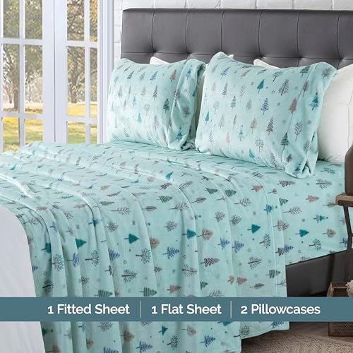 Elegant Comfort Luxuriously Soft 4-Piece Holiday Velvet Plush Flannel Sheet Set - Premium Quality - Cozy Warm, Christmas Fuzzy Velvet Flannel Fleece Deep Pocket Sheet Set - Full, Mint Pine Trees