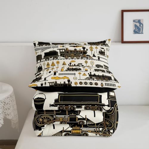 Erosebridal Cartoon Steam Train Kids Comforter Sets Funny Train Full Bedding Set for Boys Girls Retro Transport Vehicle Comforter Set Steampunk Railway Aesthetic Quilt Duvet 3 Pcs
