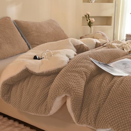 LLanCL 3D Jacquard Design Comforter Set, Ultra-Soft Warm Twin Size Sherpa Fur Plush 2-Pieces Sets Luxury Cozy Bedding with 1 Pillowcase (68"x90", Beige)