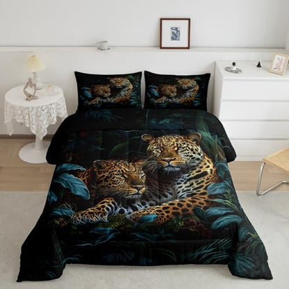 Jungle Cheetah Kids Comforter Set Twin Size,Palm Leaves Tropical Plant Botanical Bedding Set,Girls Boys Room Decor,Wildlife Leopard Animal Quilt Comforter,Brown Rustic Duvet Insert,1 Pillowcase