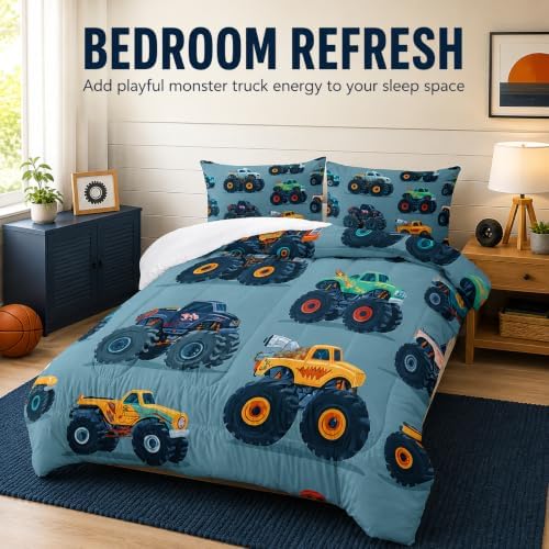 AILONEN Monster Truck Comforter Set for Kids Boys - Colorful Big Wheel Trucks Bedding Set - Boys' Twin Quilt with 2 Pillowcases – Fun Vehicle Bedroom Decor