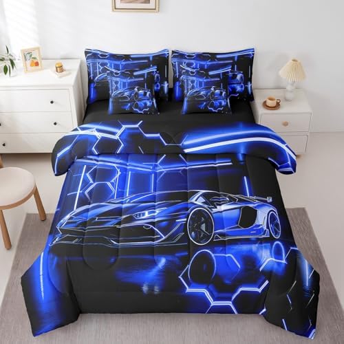 Feelyou Speed Sports Car Comforter Set with Sheets Twin Size Kids Race Car Honeycomb 7 Pieces Bedding Set for Boys Girls Teens Racing Car Bed in a Bag Breathable Extreme Sports Bed Set Blue Black