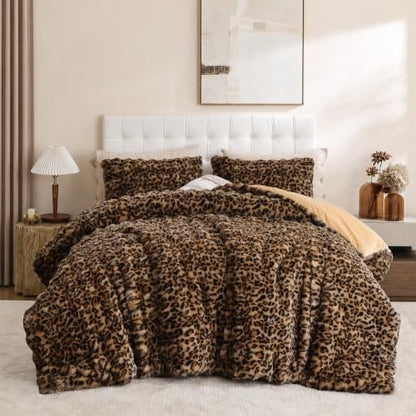YIKUSH Leopard Print Faux Fur Comforter Set, Fluffy Cheetah Comforter Full