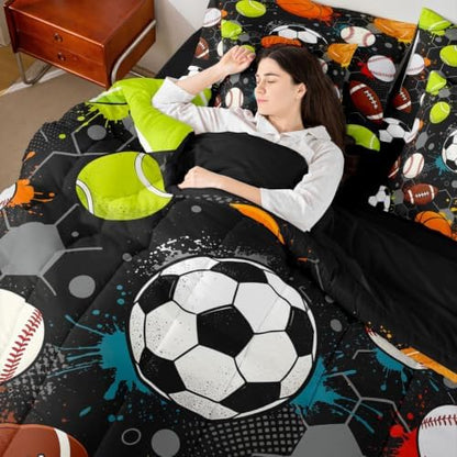 Feelyou Soccer Baseball Football Comforter Set Queen Size 7 Pieces Ball Game Bedding Set for Kids Boys Girls Honeycomb Bed in a Bag with Comforter, Sheets, Pillowcases, Cushion Covers Lightweight