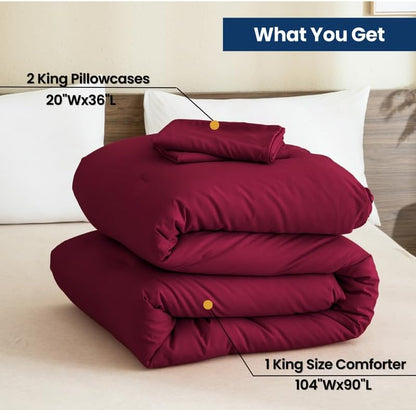 Paxrac Burgundy King Size Comforter Set, 3 Pieces Lightweight Solid Bedding Set, Soft Fluffy Comforter, All Season Bed Set (104"x90" Comforter & 2 Pillowcases)