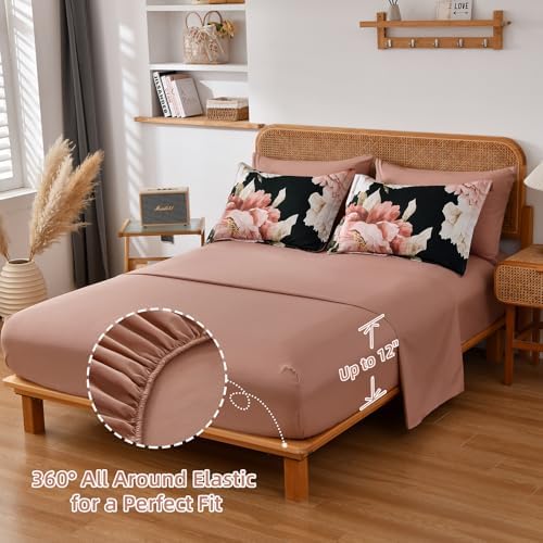 Dobuyly Black Twin Comforter Set 5 Piece Bed in a Bag, Pink Floral Printed on Black Comforter Set with Sheets, Soft Microfiber Botanical Flower Twin Bedding Set for All Season