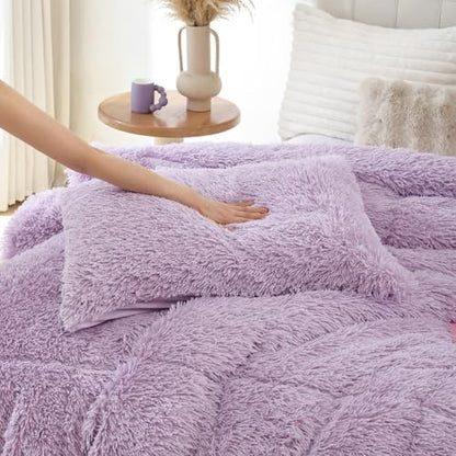 Smoofy Fluffy King Size Comforter Set, Purple Faux Fur Comforter Set 3 Pcs
