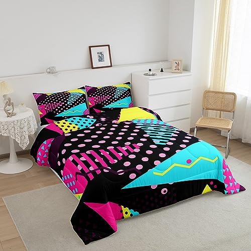 Manfei Memphis Comforter Set King Size, Retro 80s or 90s Fashion Style Quilt Set with 2 Pillowcases, Geometric Triangle Circle Bedding Set 3pcs for Kids Boy Girls Lightweight Duvet Insert